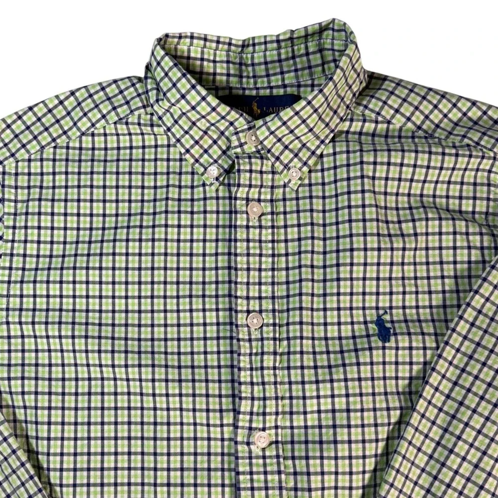 Kids Ralph Lauren Long Sleeve Button Down Shirt Plaid Green Navy‎ L (14-16)